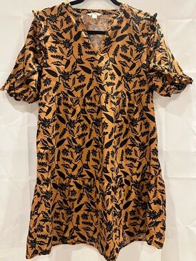 GOODTHREADS MEDIUM Linen Cotton Dress, Tan Block Floral Babydoll Cottagecore